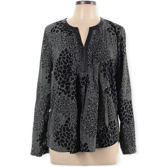 Daniel Rainn Blouse Animal Print V-Neck Roll Tab Sleeve Gray Black Women's L - Picture 1 of 14